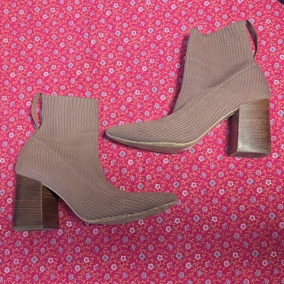 Steven New York Nichol Knit Bootie Ribbed Sock Boot Pull On Block Heel Chocolate - Picture 3 of 11